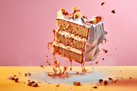 Piece of cake with chocolate drops and splashes on orange backgroundの素材