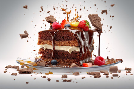 Chocolate cake with fruits and chocolate splashes isolated on white backgroundの素材