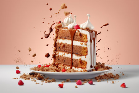 Birthday cake with chocolate and cream splashes on a white backgroundの素材