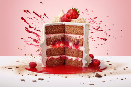 Piece of cake with raspberries and chocolate splashes on pink backgroundの素材