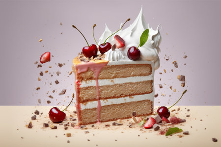 Piece of cake with cherries and whipped cream on a tableの素材