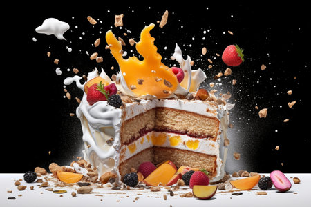 Piece of cake with fruits and cream splash on a black backgroundの素材