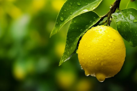 Lemon on a lemon tree with water drops in the garden.の素材