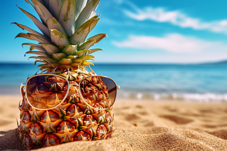 Pineapple with sunglasses on the beach. Summer vacation concept.の素材