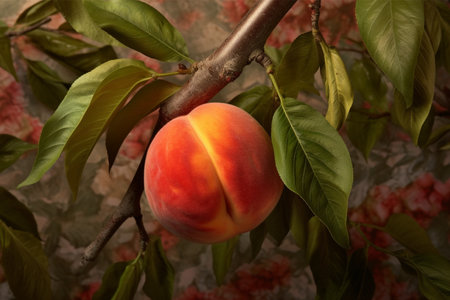 Peach on a tree branch with leaves and flowers in the backgroundの素材