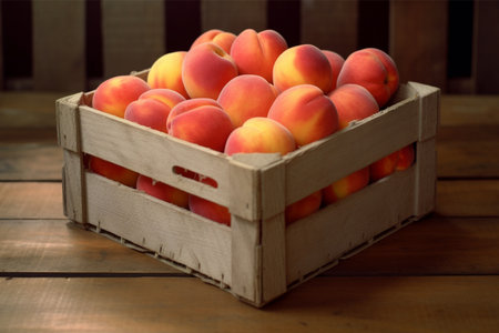 Ripe peaches in a wooden box on a wooden background.の素材