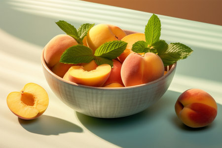 Fresh ripe apricots in a bowl with mint leaves on a blue backgroundの素材