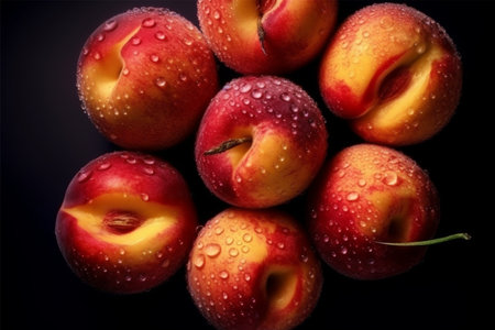 Fresh ripe nectarines with water drops on a black background.の素材