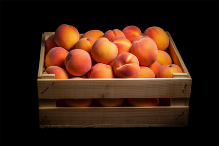 Fresh ripe apricots in a wooden box on a black backgroundの素材