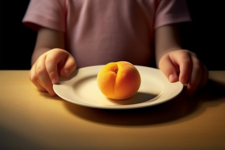 Child's hand holding a plate with apricot on a dark backgroundの素材
