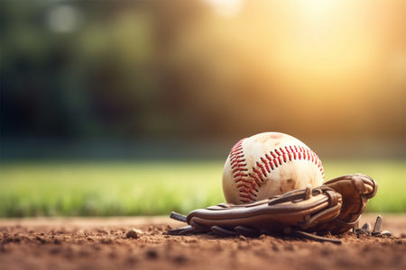 Baseball glove and ball on the baseball field with soft focus backgroundの素材