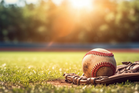 Baseball and glove on baseball field with sunlight. Sport background.の素材