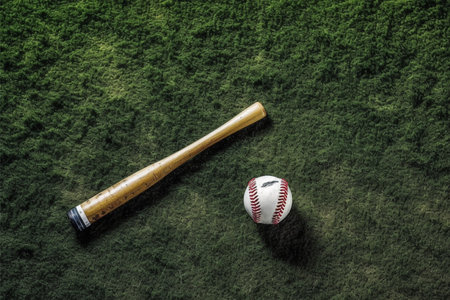 Baseball bat and ball on green grass background. Top view.の素材