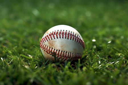 Baseball on green grass, shallow depth of field, focus on ballの素材