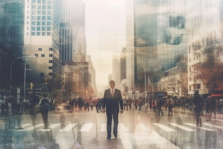 Businessman Walking Commuter Cityscape Cityscape Business Concept. Double exposureの素材