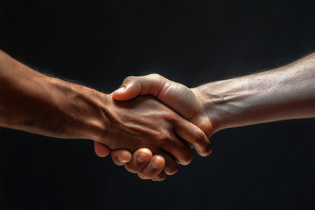 Handshake of two men on a black background, close-upの素材