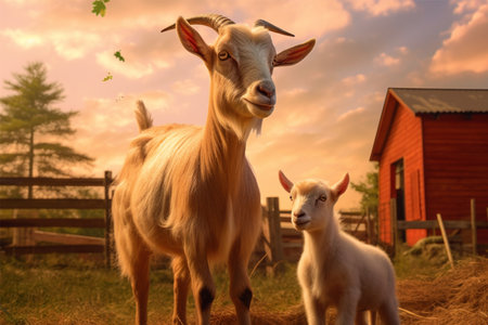Goat with baby on the farm at sunset time. Goat with kidの素材