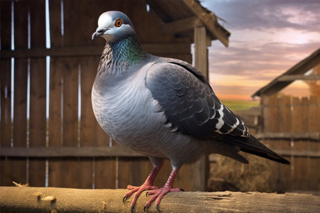 Pigeon standing on a log against the background of a wooden houseの素材