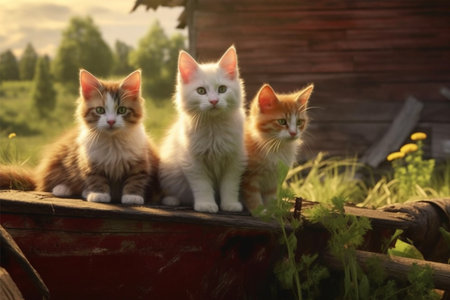 Three red and white kittens sitting on an old truck in the countrysideの素材