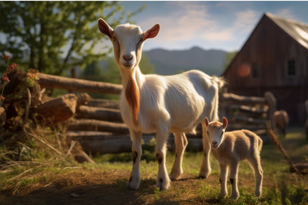 Little goatling and its mother on the background of a wooden houseの素材