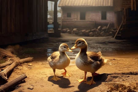 Two ducks standing on the sand in the village. Selective focus.の素材