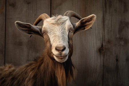 Portrait of a goat on a wooden background. Close-up.の素材