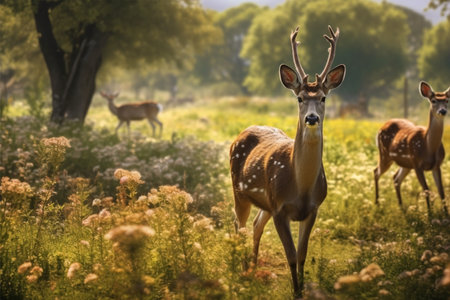 Beautiful white-tailed deer in the meadow at sunset.の素材