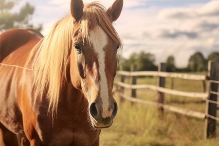 Portrait of a beautiful horse in the field on a sunny dayの素材