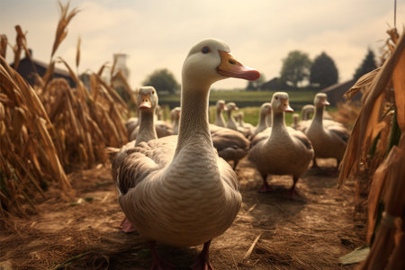 Flock of white domestic geese on the farm in autumn.の素材