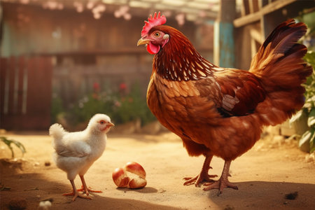 chicken and chick on the farm in the evening light. selective focusの素材