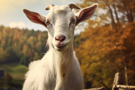 Portrait of a white goat on a background of autumn landscape.の素材