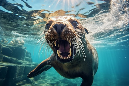 Sea lion swimming in the ocean. Aquatic animal. Underwater world.の素材