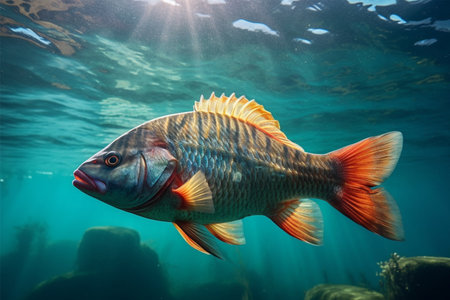 Carp fish swimming underwater in deep blue ocean. Aquatic sceneの素材