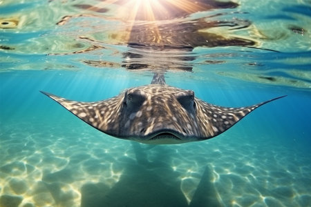 Manta ray swimming in the sea. Underwater photo of a stingray.の素材