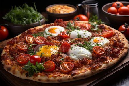 Pizza with mozzarella, tomatoes and egg on wooden tableの素材