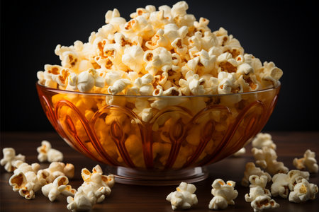 Popcorn in a glass bowl on wooden table, black background.の素材