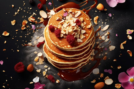 Pancakes with chocolate, nuts and flowers on a black backgroundの素材