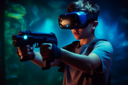 Boy in virtual reality glasses playing a game with a gun in his handsの素材