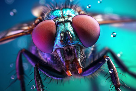 Macro shot of a fly with water droplets on its bodyの素材