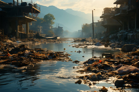 View of the river between Durbar square and Thamel district in Kathmandu in the eveningの素材