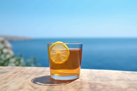 A glass of tea with lemon on the background of the sea.の素材