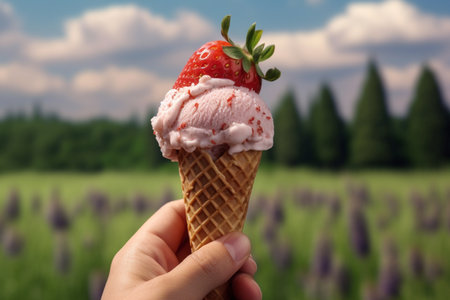 Ice cream in waffle cone with strawberry in hand on background of lavender fieldの素材