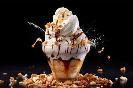 ice cream with whipped cream and caramel in a glass bowl on a black backgroundの素材