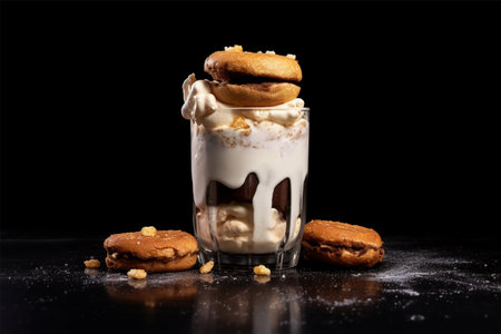 Delicious tiramisu in a glass with cookies on a black backgroundの素材