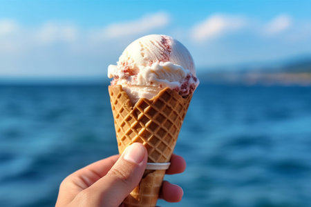 Ice cream in a waffle cone against the background of the seaの素材