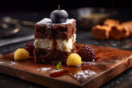 Chocolate cake with ice cream and berries on a dark background.の素材