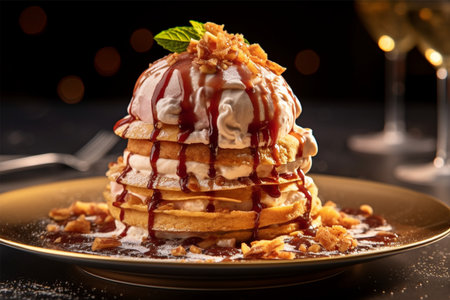 Belgian waffles with ice cream and caramel sauce on a plateの素材