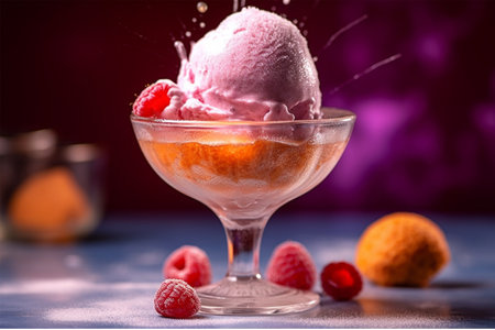 ice cream with raspberries in a glass on a dark backgroundの素材