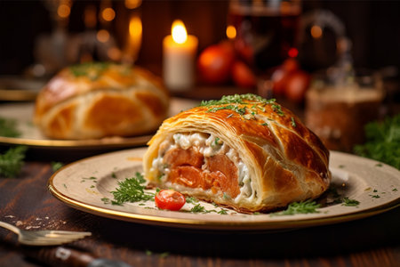 Salmon strudel with cream cheese and vegetables on a wooden tableの素材