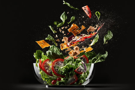 Vegetable salad in glass bowl with flying ingredients on black backgroundの素材